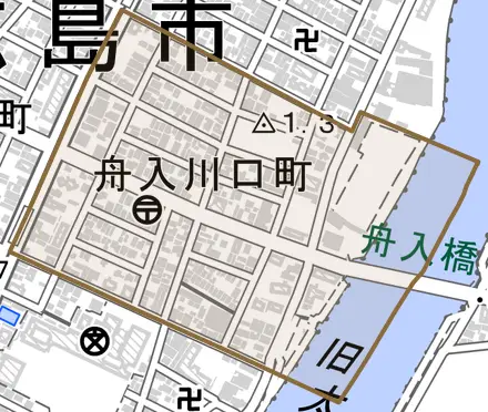 舟入川口町とその周辺の地図。町の範囲を重ねている