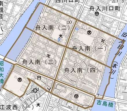 舟入南とその周辺の地図。町の範囲を重ねている