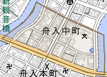 舟入中町とその周辺の地図。町の範囲を重ねている