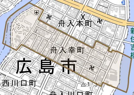 舟入幸町とその周辺の地図。町の範囲を重ねている