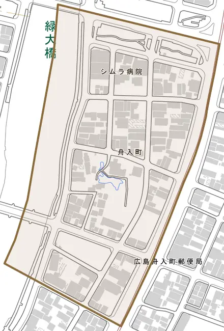 舟入町とその周辺の地図。町の範囲を重ねている