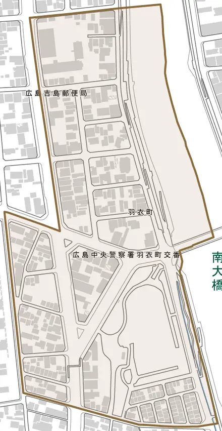 羽衣町とその周辺の地図。町の範囲を重ねている