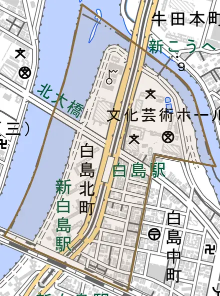 白島北町とその周辺の地図。町の範囲を重ねている