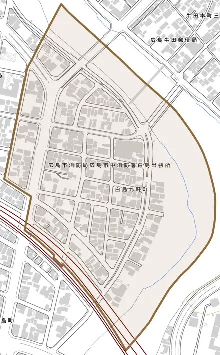 白島九軒町とその周辺の地図。町の範囲を重ねている