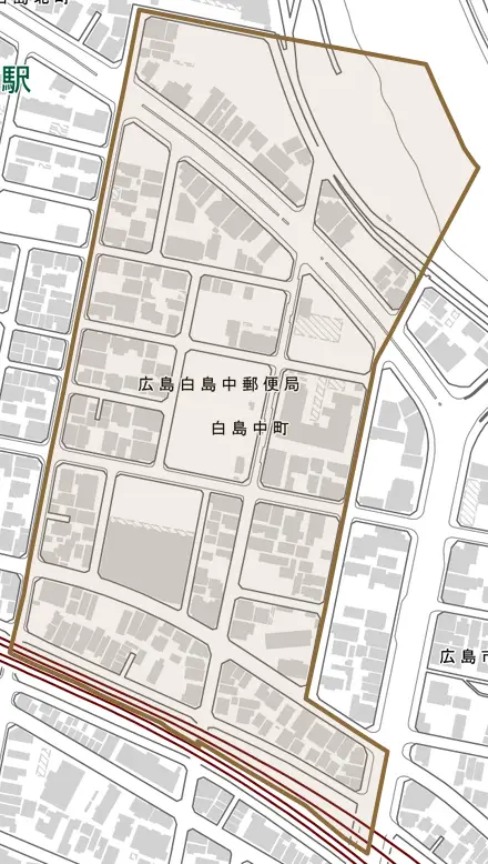 白島中町とその周辺の地図。町の範囲を重ねている