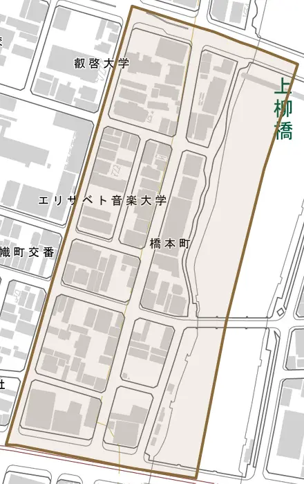 橋本町とその周辺の地図。町の範囲を重ねている