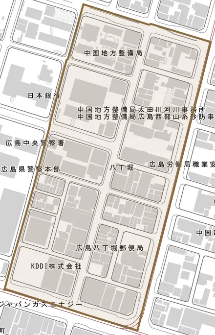 八丁堀とその周辺の地図。町の範囲を重ねている