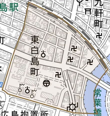 東白島町とその周辺の地図。町の範囲を重ねている
