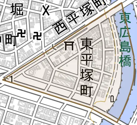 東平塚町とその周辺の地図。町の範囲を重ねている