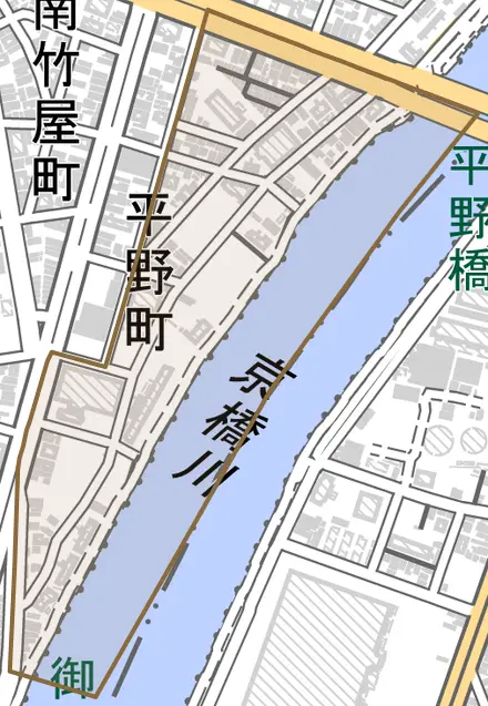 平野町とその周辺の地図。町の範囲を重ねている