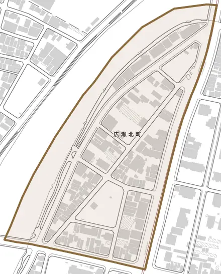 広瀬北町とその周辺の地図。町の範囲を重ねている