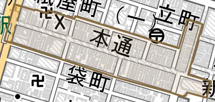 本通とその周辺の地図。町の範囲を重ねている