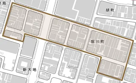 堀川町とその周辺の地図。町の範囲を重ねている