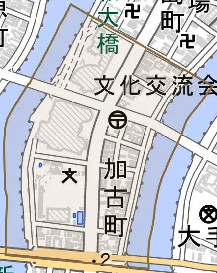 加古町とその周辺の地図。町の範囲を重ねている