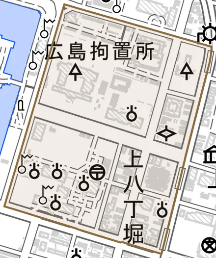 上八丁堀とその周辺の地図。町の範囲を重ねている