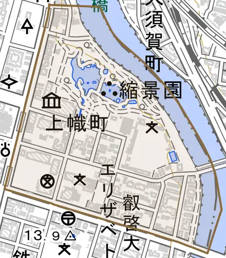 上幟町とその周辺の地図。町の範囲を重ねている