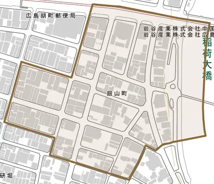 銀山町とその周辺の地図。町の範囲を重ねている