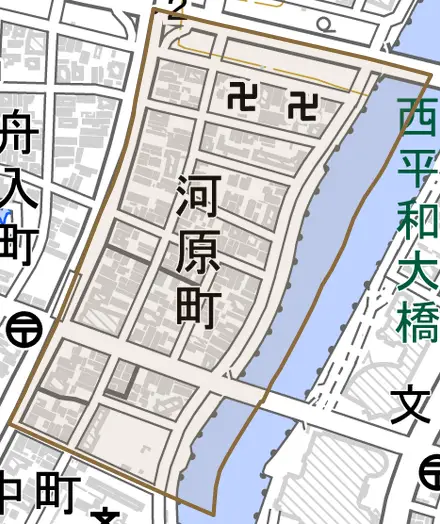 河原町とその周辺の地図。町の範囲を重ねている