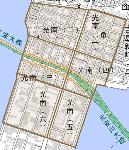 光南とその周辺の地図。町の範囲を重ねている