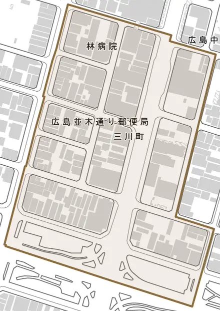 三川町とその周辺の地図。町の範囲を重ねている