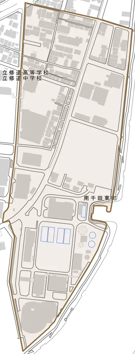 南千田東町とその周辺の地図。町の範囲を重ねている