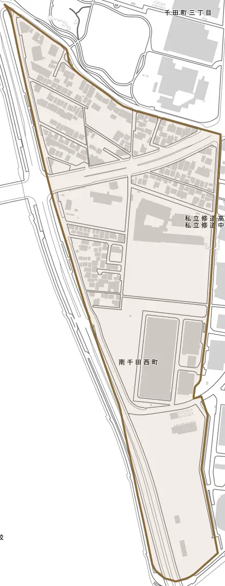 南千田西町とその周辺の地図。町の範囲を重ねている