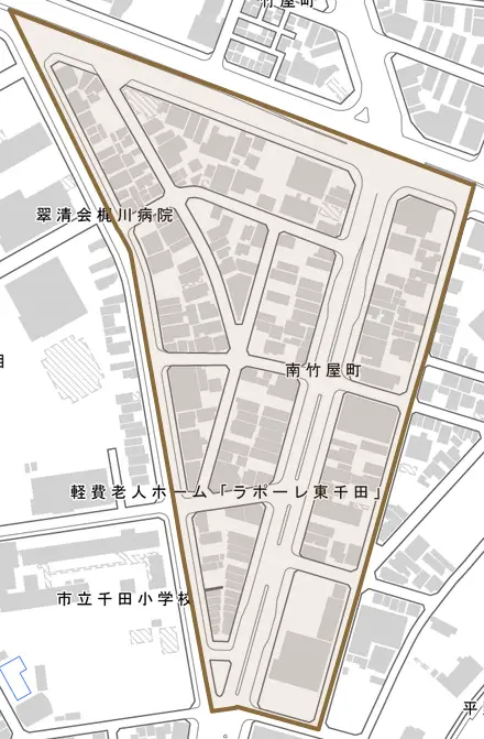 南竹屋町とその周辺の地図。町の範囲を重ねている