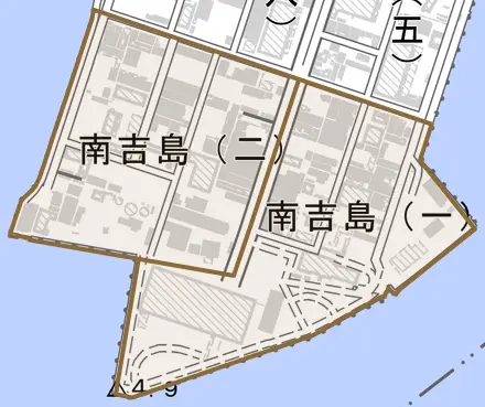 南吉島とその周辺の地図。町の範囲を重ねている