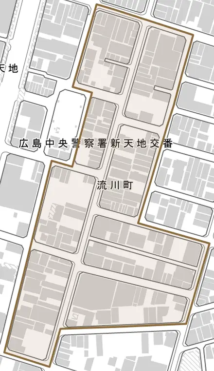 流川町とその周辺の地図。町の範囲を重ねている