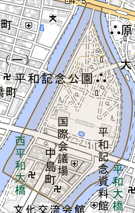 中島町とその周辺の地図。町の範囲を重ねている