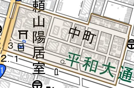 中町とその周辺の地図。町の範囲を重ねている