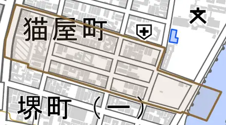 猫屋町とその周辺の地図。町の範囲を重ねている