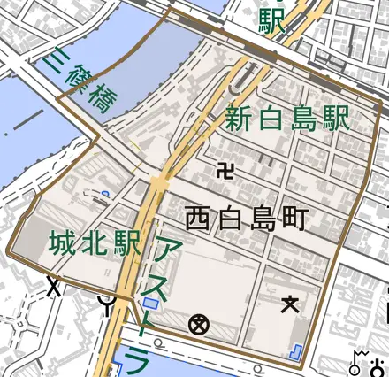 西白島町とその周辺の地図。町の範囲を重ねている