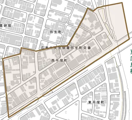 西平塚町とその周辺の地図。町の範囲を重ねている