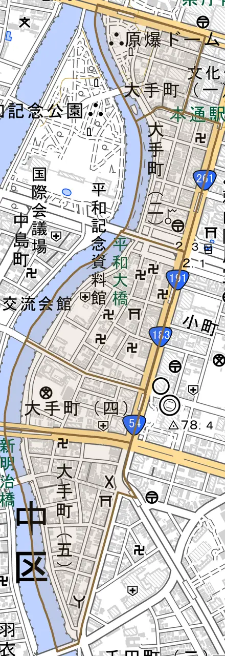 大手町とその周辺の地図。町の範囲を重ねている