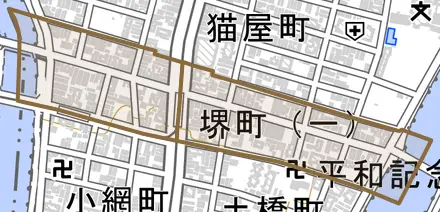 堺町とその周辺の地図。町の範囲を重ねている