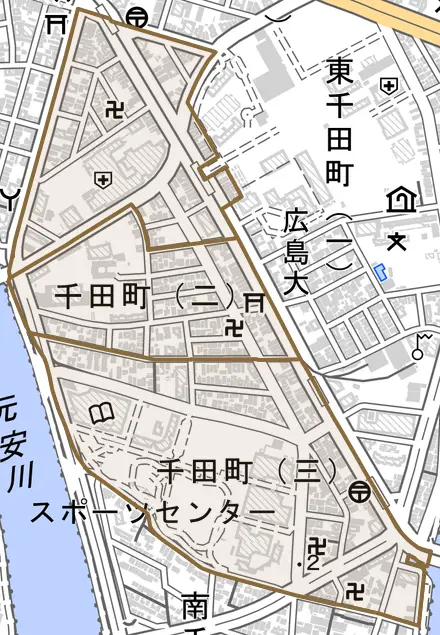 千田町とその周辺の地図。町の範囲を重ねている
