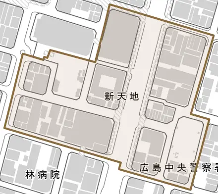 新天地とその周辺の地図。町の範囲を重ねている