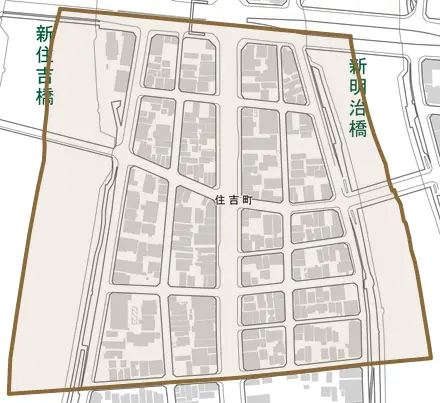 住吉町とその周辺の地図。町の範囲を重ねている