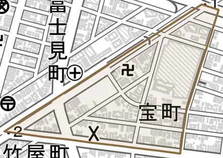 宝町とその周辺の地図。町の範囲を重ねている