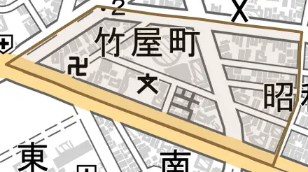 竹屋町とその周辺の地図。町の範囲を重ねている