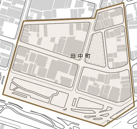 田中町とその周辺の地図。町の範囲を重ねている