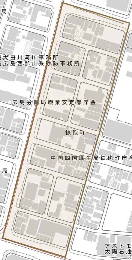 鉄砲町とその周辺の地図。町の範囲を重ねている