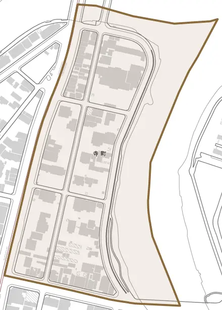 寺町とその周辺の地図。町の範囲を重ねている
