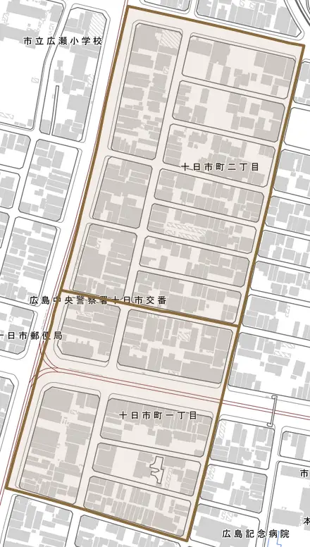 十日市町とその周辺の地図。町の範囲を重ねている