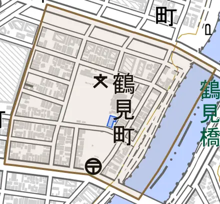 鶴見町とその周辺の地図。町の範囲を重ねている