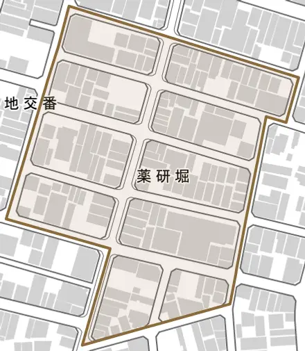 薬研堀とその周辺の地図。町の範囲を重ねている