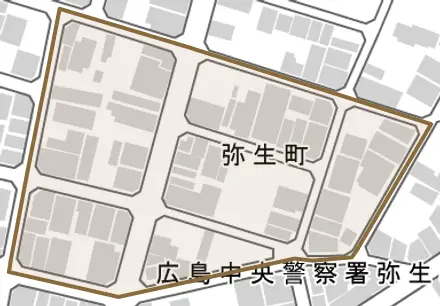 弥生町とその周辺の地図。町の範囲を重ねている