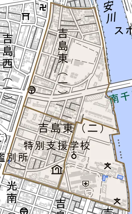 吉島東とその周辺の地図。町の範囲を重ねている
