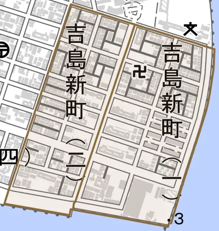 吉島新町とその周辺の地図。町の範囲を重ねている